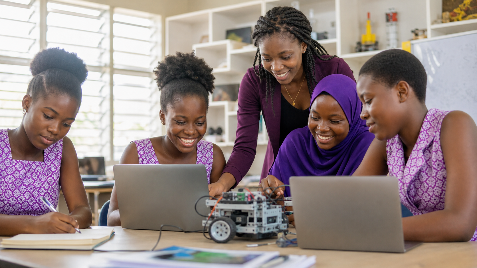Girls learning coding and robotics in a STEM classroom